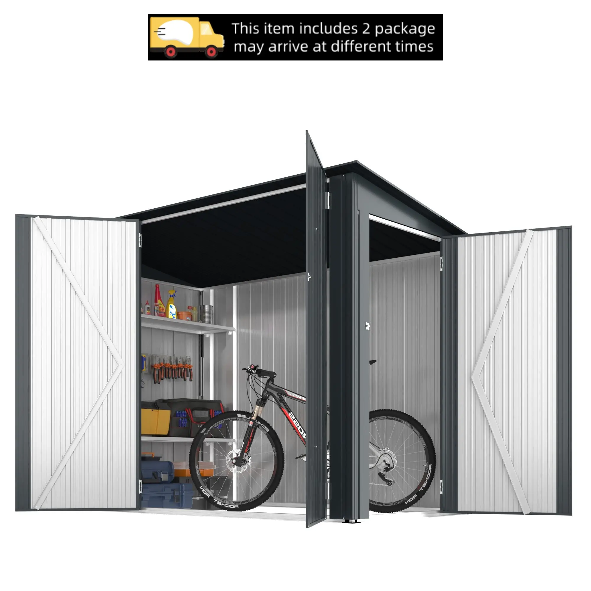 【2 Packages arrived at different times】YODOLLA Outdoor Bike Storage Shed Lean to, 4' x 7.5' Outdoor Horizontal Sheds & Outdoor Storage with Triple Lockable Door, Small Metal Storage Cabinet for Bicycles, Tools Storage for Garden Use