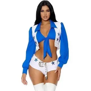 Western Cowgirl Cheerleader Costume Set with Cowboy Hat Blue & White Stars Design for Party & Halloween