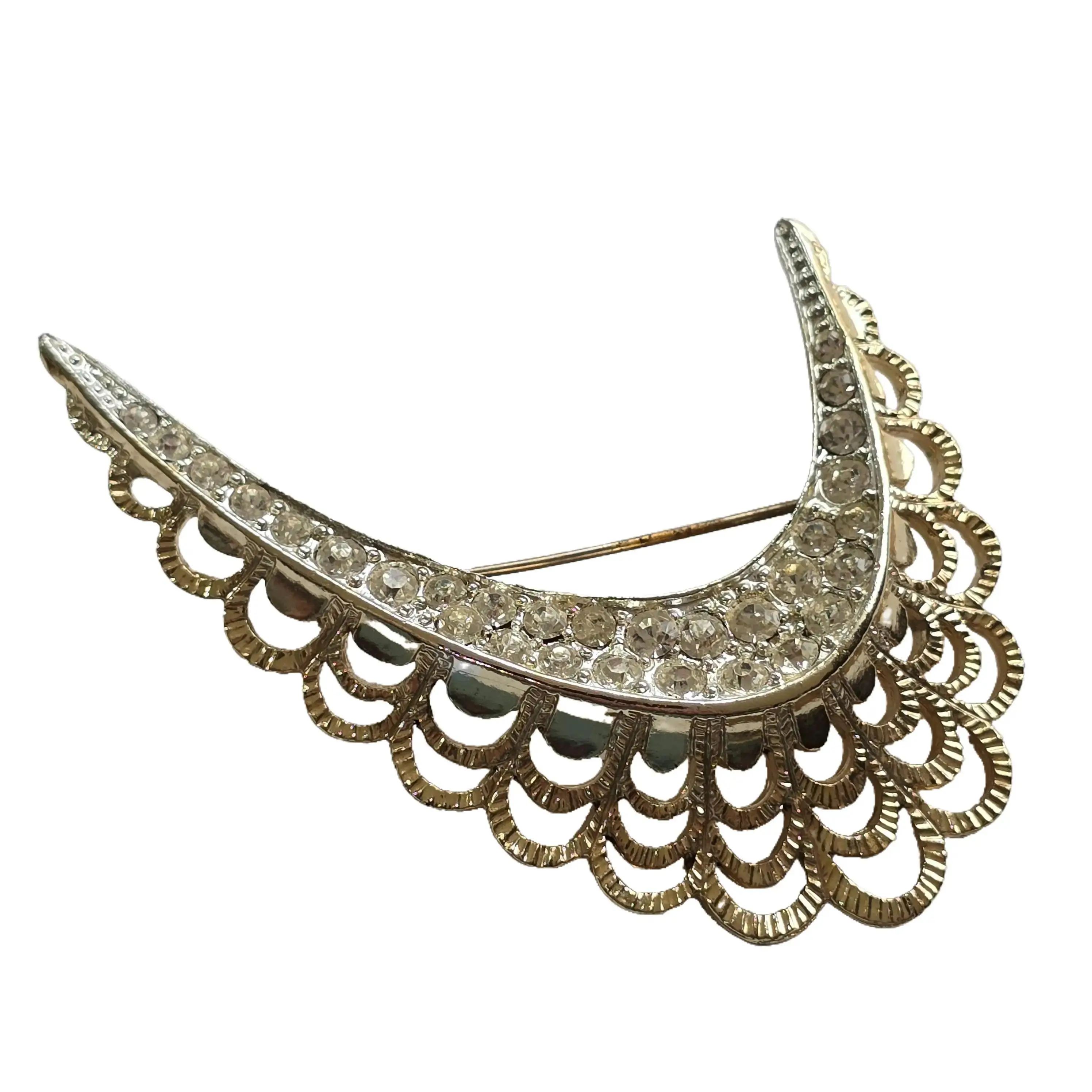 Vintage Signed Cathe Gold Tone Abstract Sweep Open Design Crescent Brooch with Pave Rhinestones Pin