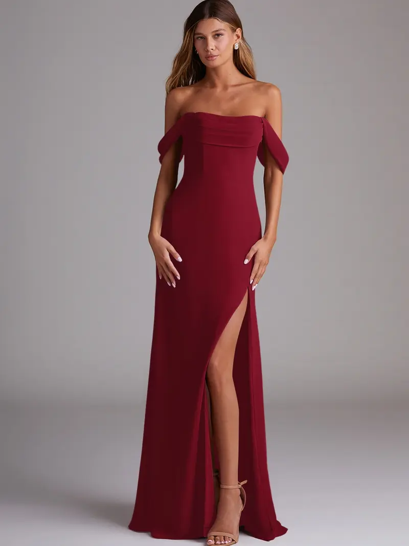 sachin and babi light blue dress V-neck Burgundy Chiffon Long Bridesmaid Dresses with Flounced Sleeves –  loveangeldress main image 1