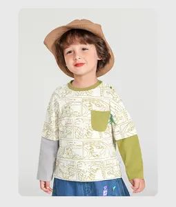 【CICIIBEAR】Boys' long-sleeved faux two-piece spring and autumn printed baby T-shirt little cotton jacket kid clothes teen boy brick print pants drip for boys tom holland spiderman suit kids set prince costume Halloween Popsicle Custom blue cord