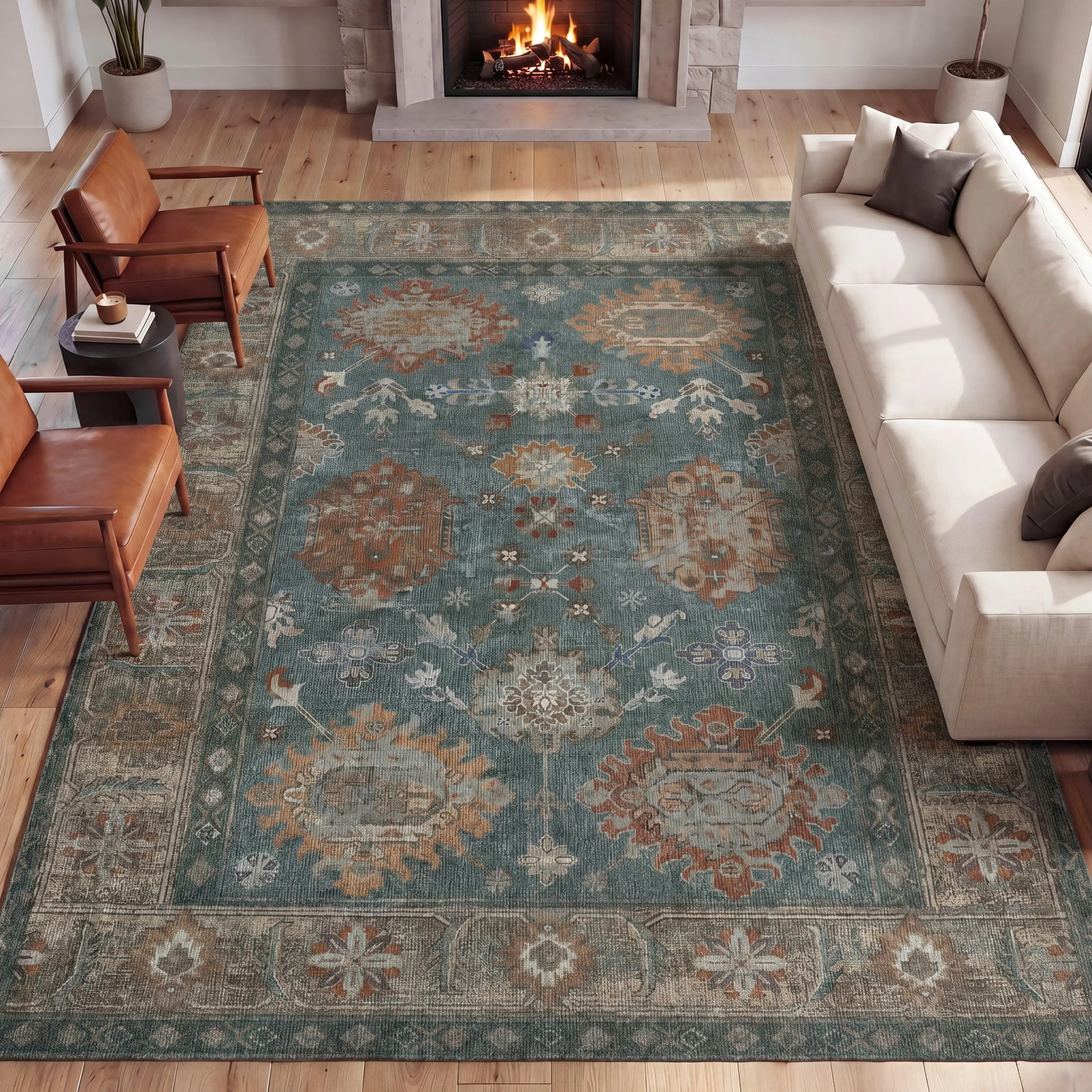 Kisara Oushak Style Dual Tone Indoor 1-Piece Rectangle Area Rug - Distressed Border, Non-slip, Machine Washable, Polyester Fiber, 0.2 in. Pile - Sizes: 5'x8', 9'x12', Indoor Use