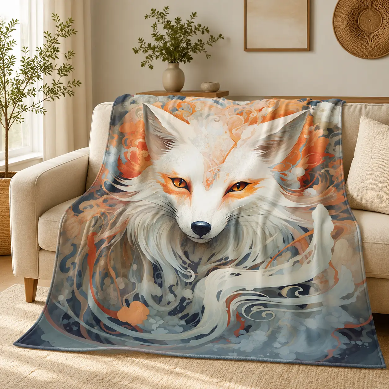 Fantasy White Fox Flannel Blanket - Soft Plush Artistic Animal Print Throw, Cozy Spirit Blanket for Sofa Bed, Machine-Washable Warm Gift for Women Fox Enthusiasts