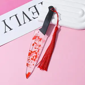 1pc Horror Novelty Bookmark - Creepy Tool Shapes with Blood Stain Design, Gothic Book Accessories  Halloween Gifts, Macabre Metal Page Holders with Red Tassels (1pc Dagger)