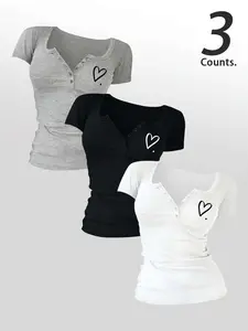 Hearts  Printed Women's  Buttons 3 Pieces  V Neck Tee, Casual Women's Short-Sleeve T-shirt For Summer, Ladies Basic Clothes for Daily Wear, TikTok Trending T-shirt Women