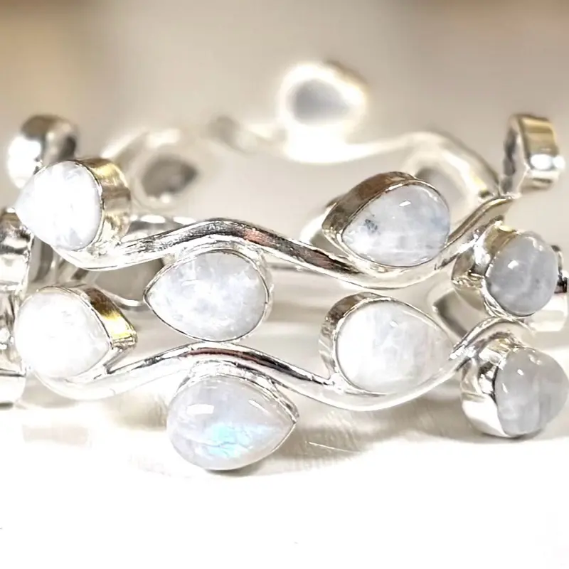 925 Solid Silver Rainbow Moonstone Dainty Stackable Bangle, adjustable