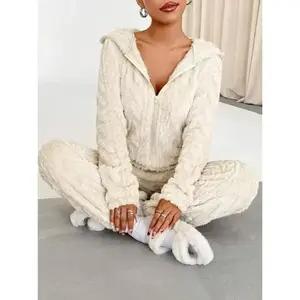 Luxurious Women's Solid Color Fleece Hooded Jumpsuit - Chic Long Sleeve Deep V-, Zip-Up, Cozy Knit Overalls Fall/Winter, Machine Washable, Indoor Clothing | Zip-up Jumpsuit | Polyester Jumpsuit