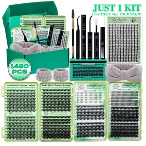 1480PCS/650PCS/640PCS Lash Clusters Kit D Curl 9 Styles Bottom/Spikes/Natural/Anime Lashes Kit with Bond&Seal Lash Remover Brush Lash Applicator Headband Wristband set, Individual Eyelash Kit, DIY Eyelash Kit, Lash Extensions Kit, For Beginners&Proficient