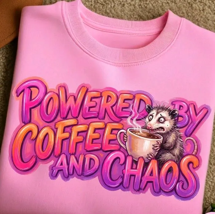 Powdered By Coffee And Chaos & • T-shirt Tee Shirt Comfortable Unisex Top Sublimation Casual Graphic Shirts Cute Stylish Adorable Love Coffee Addict Funny Crazy Mom