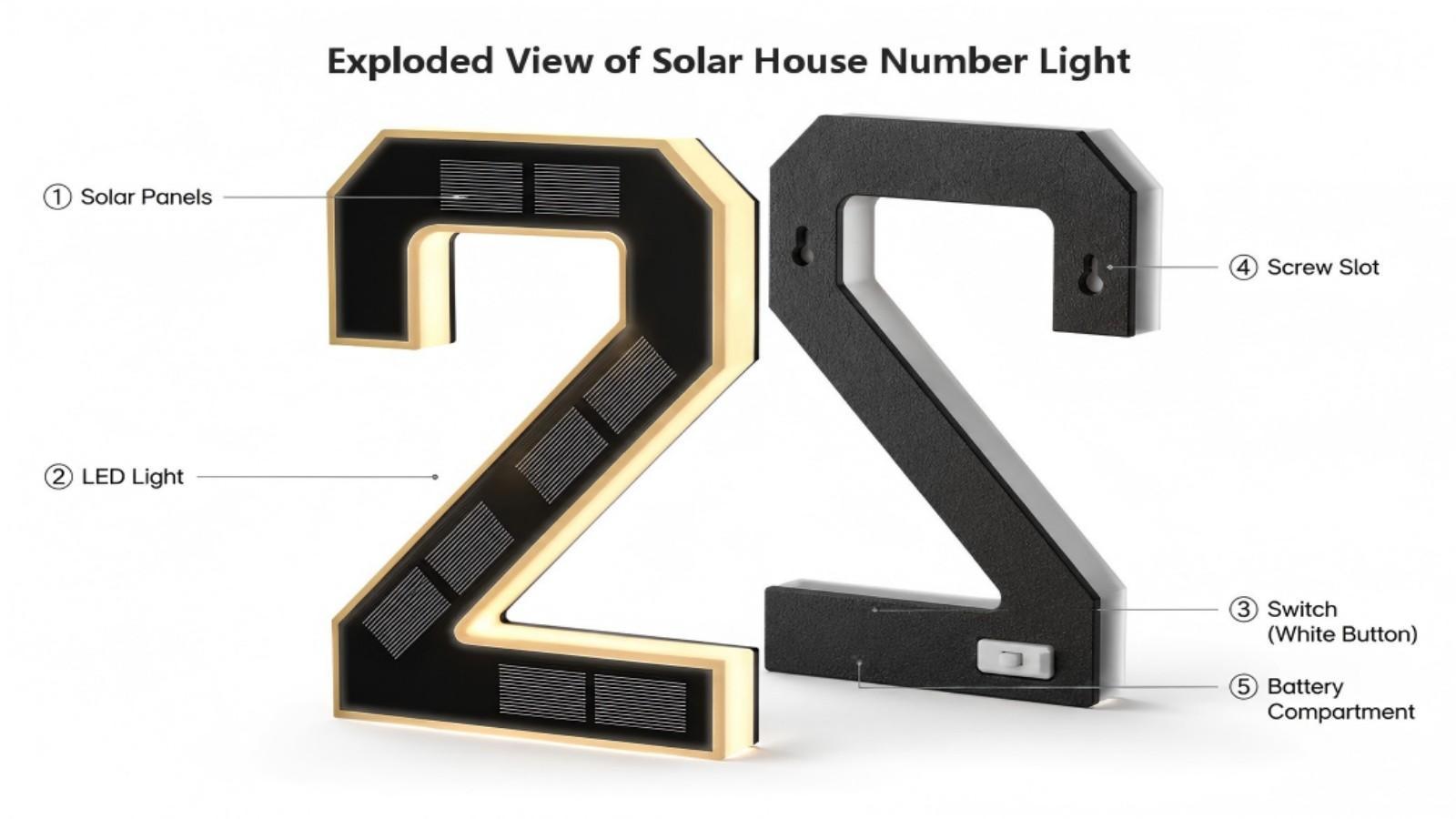 6.7 Inch Solar LED House Numbers - Waterproof Outdoor Address Signs, Multiple Style Options, Backlit Illuminated Exterior Modern House Numbers Light