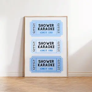 Retro ticket poster| Shower karaoke print| Blue bathroom wall art| Trendy bathroom print| Funky wall art| Aesthetic bathroom poster print| Frameless Poster