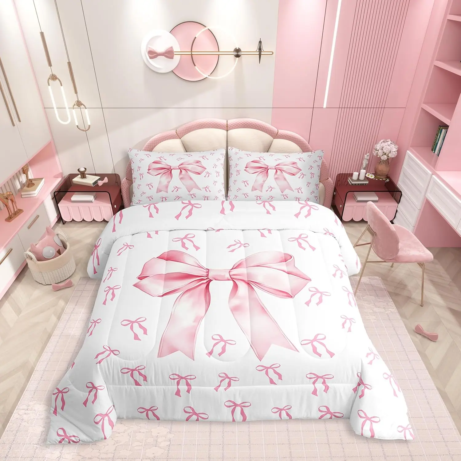 Pink Bow Bedding Set Kawaii Pink Princess Comforter Set Purple and White Bowknot Bedding Comforter Sets Dreamy Fairy Tales Quilt Set Women