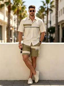 Men's Color Block Striped 2 Piece Outfit Lapel Short Sleeve Button Down Shirt & Casual Matching Shorts Summer Vacation Beach Tracksuit