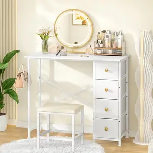 Vanity Desk No Mirror, White Makeup Vanity Desk with 4 Fabric Drawers, Small Vanity Table for Bedroom, Girls Compact Vanity Dressing Table with Storage, 36 Inches Kids Desk for Small Space