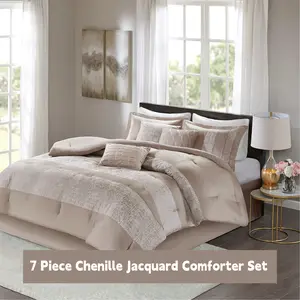 7 Piece Luxury Comforter Set - Traditional Jacquard Design All Season Down Alternative Bedding, Matching Bedskirt, Decorative Pillows, Taupe