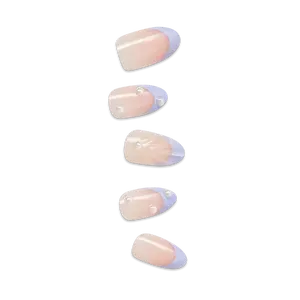 Impress Design No Glue Fake Press On Nails - Sky Breeze | 3D & Jewel French, Purple, Medium, Almond, Manicure