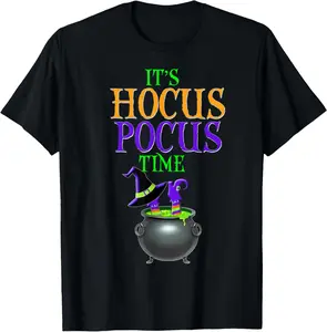 Cotton Halloween Trick Treat Hocus Pocus Time T-Shirt Short Sleeve Crew Neck Top for Summer, Casual Streetwear, Halloween Gift Menswear Soft Men's Comfy