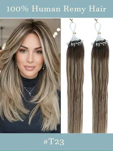 Micro Loop Hair Extensions 50pcs Set, T-Color 16inch & 20inch, Mixed Silicone Beads, Real Human Hair, Salon Quality, Reusable