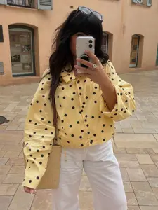 Women's Fashion Polka Dot Jacket, Long Sleeve High Neck Zipper Drawstring Coat, Vintage Elegant Style, Sweet Casual Daily Wear