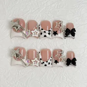 Cool Girl Black & White Star Press-on Nails | Handmade 3D Silver Star & Bow Nails | Y2K Aesthetic Polka Dot Custom Reusable Nails