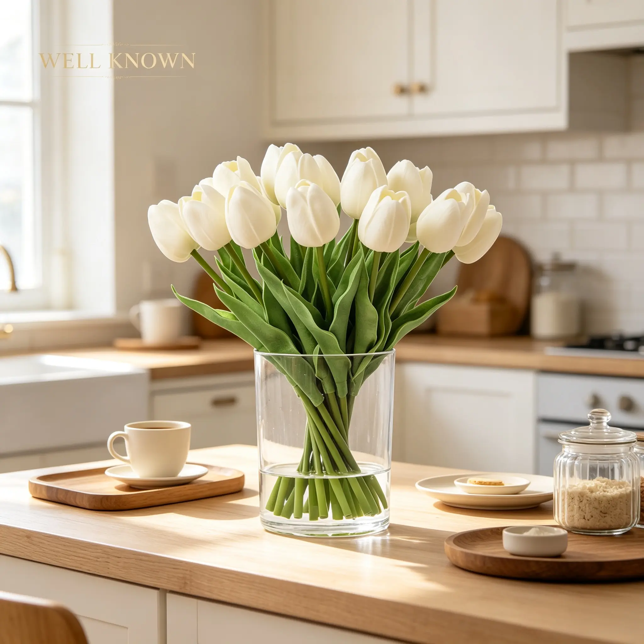 20 Pcs Real Touch White Artificial Tulip Arrangement - Glass Vase with Faux Water, Home Decor Plants for Dining Table, Home Supplies Decorative Flowers