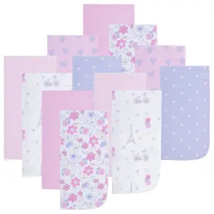 Everyday Kids 12 Pack Burp Cloths – Soft, Absorbent 100% Cotton Baby Essentials -For Girls Paris/Flowers/Hearts