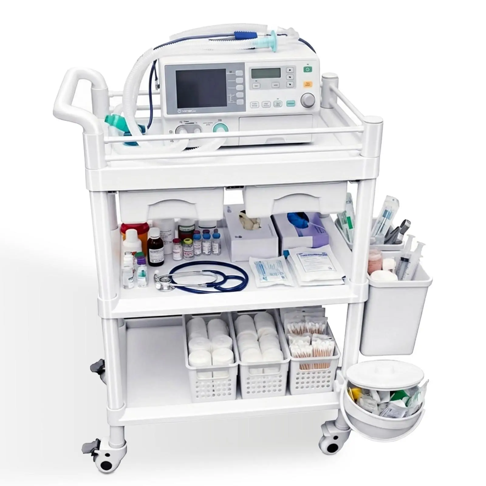 Corrosion-Resistant Durable Sturdy ABS 3-Layer Medical Mobile Trolley for Nurses - 110LB Capacity Silent Wheels Ultrasound Cart with Hidden Rails, Drawers, Sharps Container, Waste Bin, Storage Basket for Clinic