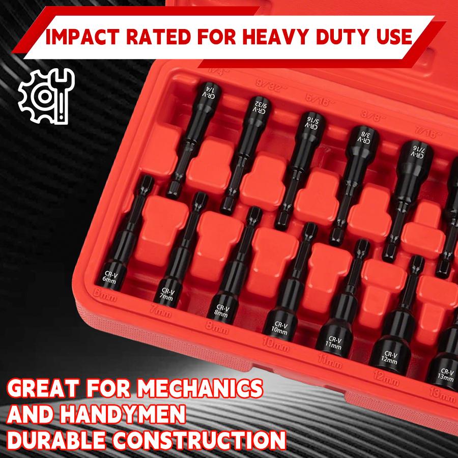 15-Piece Magnetic Nut Driver Set Chrome Vanadium Steel 1/4" Hex Shank Impact Resistant SAE 1/4"-9/16" Metric 6-14mm Hand Tools for Auto Repair, Home Maintenance, Furniture Assembly and Garage Workshop