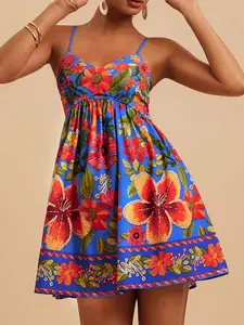 Summer New Sleeveless High Waist Floral Print Women's Maxi Dress, Elegant Backless Design, Perfect for Casual Wear