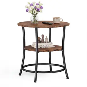 2-Tier Round Nightstand with Steel Frame, 21.7" Rustic Brown Side Table with Storage Shelf for Living Room, Bedroom, and Small Spaces