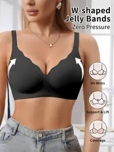 Jelly Bra Sexy Push-Up Wireless Bra, Wave Edge Design, Medium Support, Fitted, Lined, Elegant Style, All Seasons, Daily Wear, Everyday