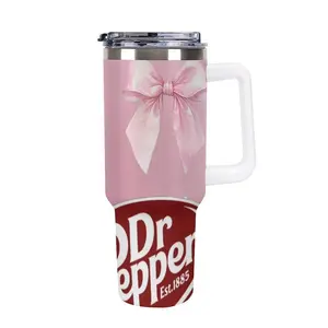 Pink Soda Lover Inspired 40oz Tumbler – Cute Dr Pepper Aesthetic Stainless Steel Cup with Handle, Big Bow Design, Girly Pop Drinkware Gift