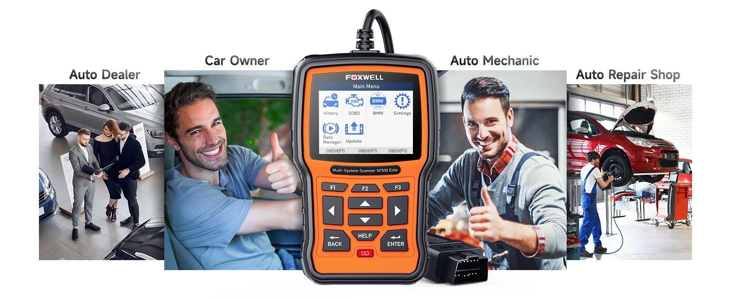 FOXWELL NT510 Elite Automotive Scan Tool, Full-System OBD2 Car Scanner for BMW/MINI, Car Computer Diagnostic Reader with Bidirectional Control, Smog Check, Live Data Stream, Full Resets & Battery Registration Vehicle Diagnostic Tester Diagnostic Test Tool