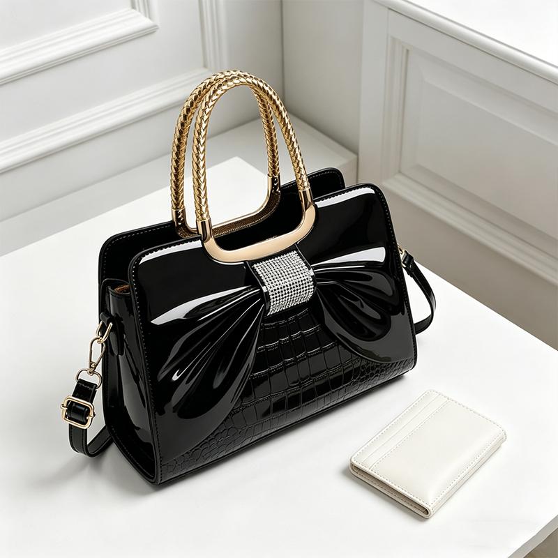 Women’s glossy leather handbag with top handle — medium-structured shoulder/handbag with adjustable strap