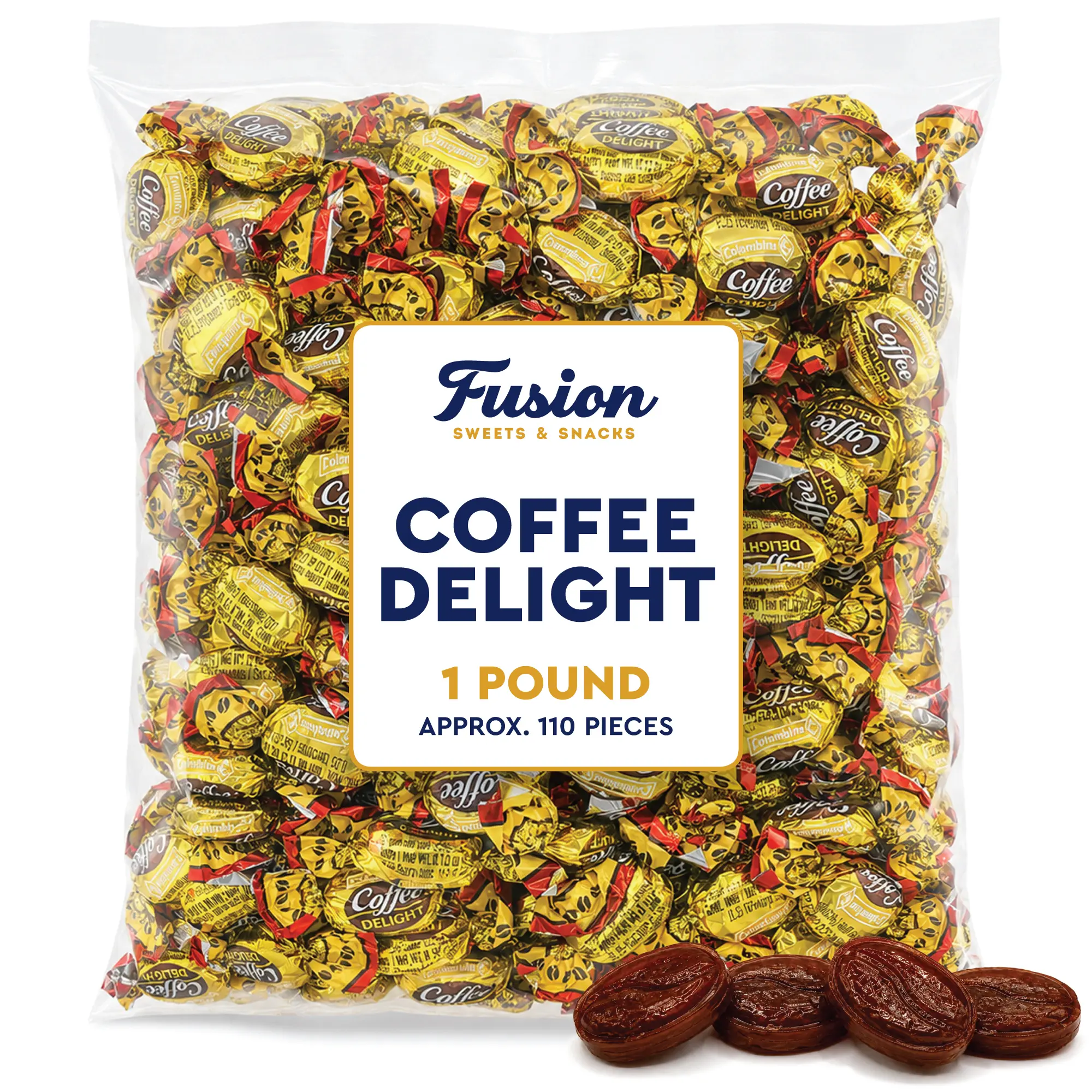 FUSION SWEETS AND SNACKS Coffee Delight Individually Wrapped Hard Candies - 1 lb Bulk Bag, Gluten Free Treat Made With Real Coffee Beans, Cupboard Staple for Holiday & Everyday All Ages Snacking, Roasted Coffee, 24 Months