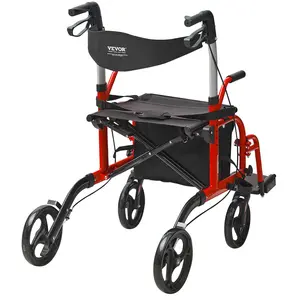 VEVOR 2 in 1 Rollator Walker & Transport Chair for Seniors, Folding Rolling Walker Wheelchair Combo & Footrests, Lightweight Aluminum Mobility Walker with Adjustable Handle, All Terrain Wheels, 300LBS