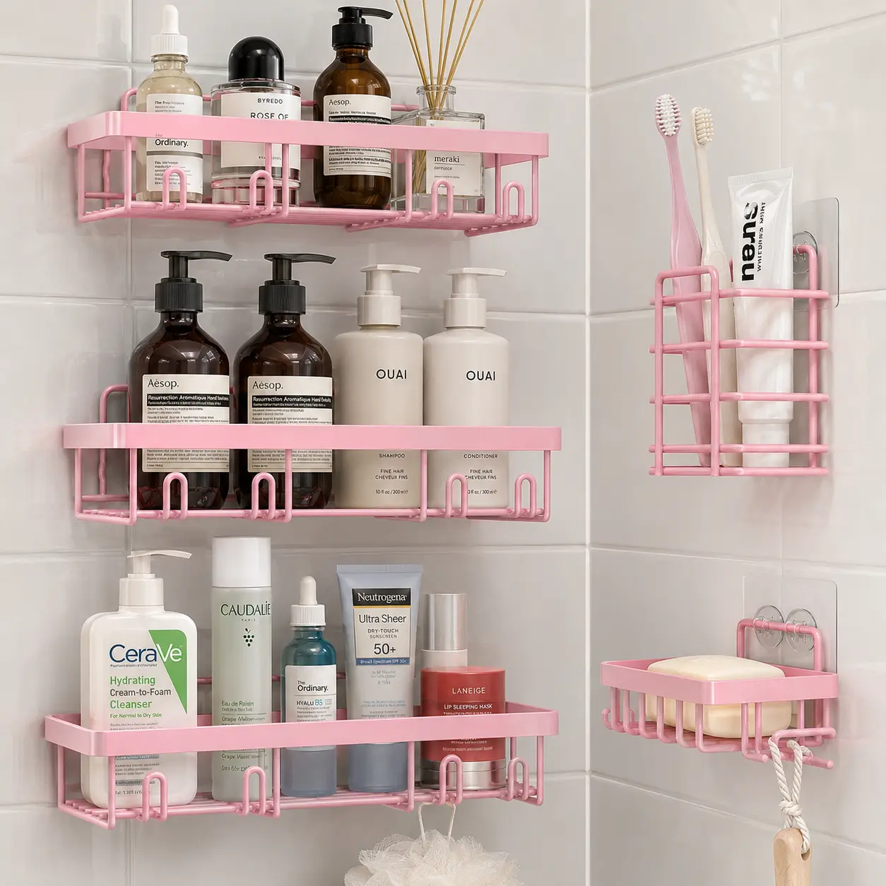 5-Tier No-Drill Pink Corner Shower Caddy, Rustproof Adhesive Wall-Mount Shower Organizer with Hooks & Toothbrush Holder for Shampoo, Skincare & Small Bathroom Installation Storage