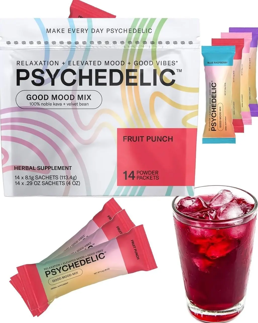Good Mood Mix - Fruit Punch - Powder Packets - Calming Kava Drink Mix - Easy Open Single-Serving - Flavored Kava Powder - Mucuna Pruriens - Stevia - Non Alcoholic Adaptogen Mocktails - 14 Stick
