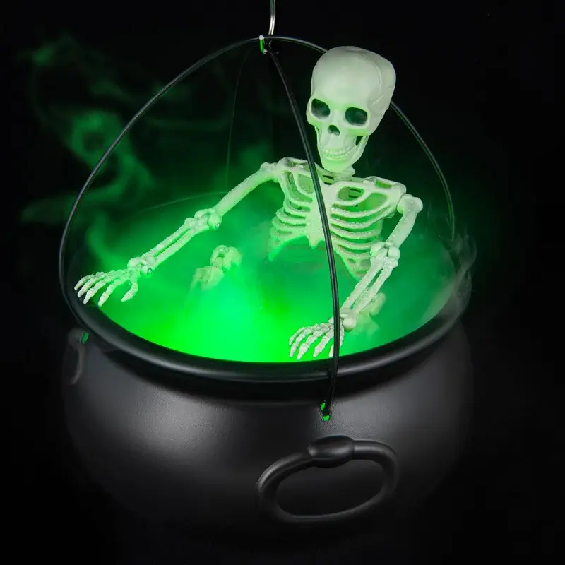 Large Decorative Halloween Tripod Cauldron - Skeleton, Fog Maker Included - Halloween Aesthetic Outdoor Patio Home Porch Party Decor That Creates Misty Ambiance