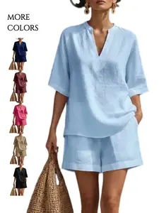 Minimalist Cozy V-Neck Shirt and Shorts Linen Cotton Two-Piece Set, Boho Style Loose-Fitting Pajama Set for All Seasons