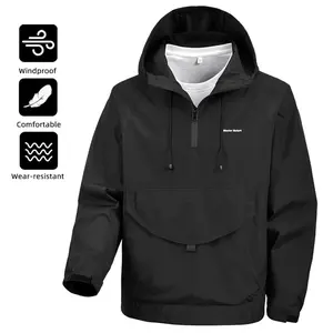 Men's Solid Color Outdoor Half Zipper Hooded Windproof Jacket with Adjustable Drawstring, Large Pocket Design, Letter Print, Elastic Cuff Sleeves, Suitable for Autumn Outdoor Mountaineering Hiking Softshell Jacket，Men Clothing for Daily Wear,  Menswear