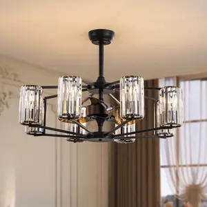 Crystal Chandelier Ceiling Fan Vintage Fandelier Luxury Caged Ceiling Fan with Light and Remote for Dining Room Living Room Bedroom Kitchen Farmhouse Entry, Black, Dia 36 inch, 8 Lights