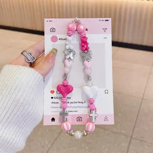 Phone Charm for Women Anti-Theft Wrist Strap Hands-Free Beaded Chain Detachable Lanyard with Tether Tab Stylish Accessory Belt Bow Decoration 995