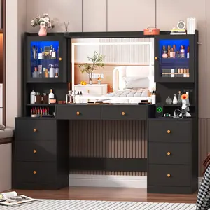 62inch Large Vanity Desk w/ Tempered Glass Top,60000-color LED Lights,Power Outlet, Make up Vanity w/ 3 Lights Mode LED Mirror,8 Drawers, 2 RGB cabinets LEDs Vanitys Table for Women,Girls