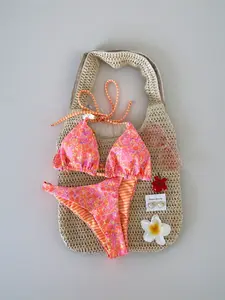 Orange Floral Bikini Set Women Halter Triangle Top High Cut Bottoms Cute Tops For Women Two Piece Sets Outfits For Women Sexy Swimsuit