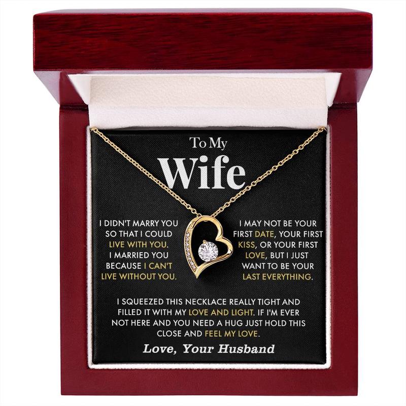 To My Wife Anniversary Necklace with Cubic Zirconia Pendant Love Heart Gift for Wife Birthday Present White Gold Over Stainless Steel Adjustable Chain 18-22 Inches