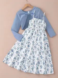 Two-Piece Set Girl's Floral Print Shirred Crop Top & A Line Dress Set, Elegant Fashion Casual Long Sleeve Top & Dress for Daily Outdoor Wear, Girls Clothing for Fall & Winter