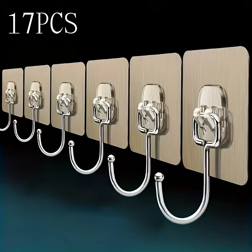 17pcs Heavy Duty Stainless Steel Adhesive Wall Hooks Set - Transparent No Drill Installation, Waterproof & Oil Resistant, Wall Mounted Coat Hanger, Wall Mounted Hook, Suction Hook, Bathroom Suction Hook, Bathroom Towel Holder For Wall