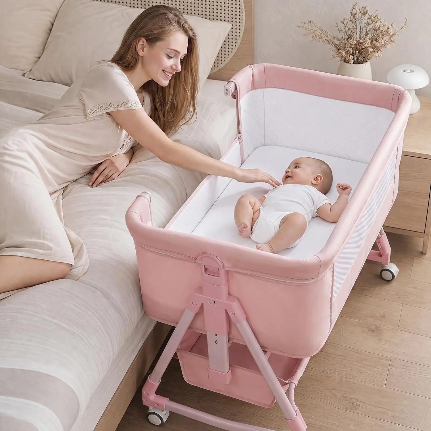 Baby Bassinet Bedside Crib, 3-in-1 Baby Bassinet Bedside Sleeper，Rocking Bedside Bassinet with Wheels, Adjustable Easy Folding Portable Bed for Infant Newborn