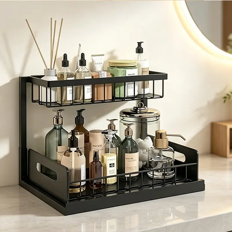 Pull Out Cabinet Organizer, 2 Tier Under Sink Slide Out Storage Shelf, Metal Sliding Drawer Rack for Kitchen Bathroom Pantry and Closet Organization